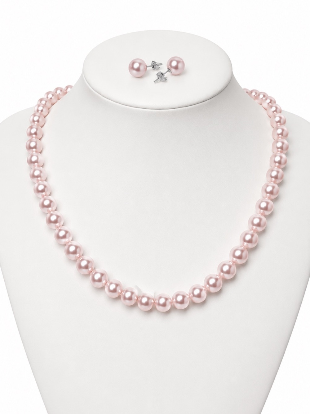 Pink Pearl Necklace And Earring Set 16-18” AAA Faux Pearl Necklace + 10MM Studs - Picture 3 of 3